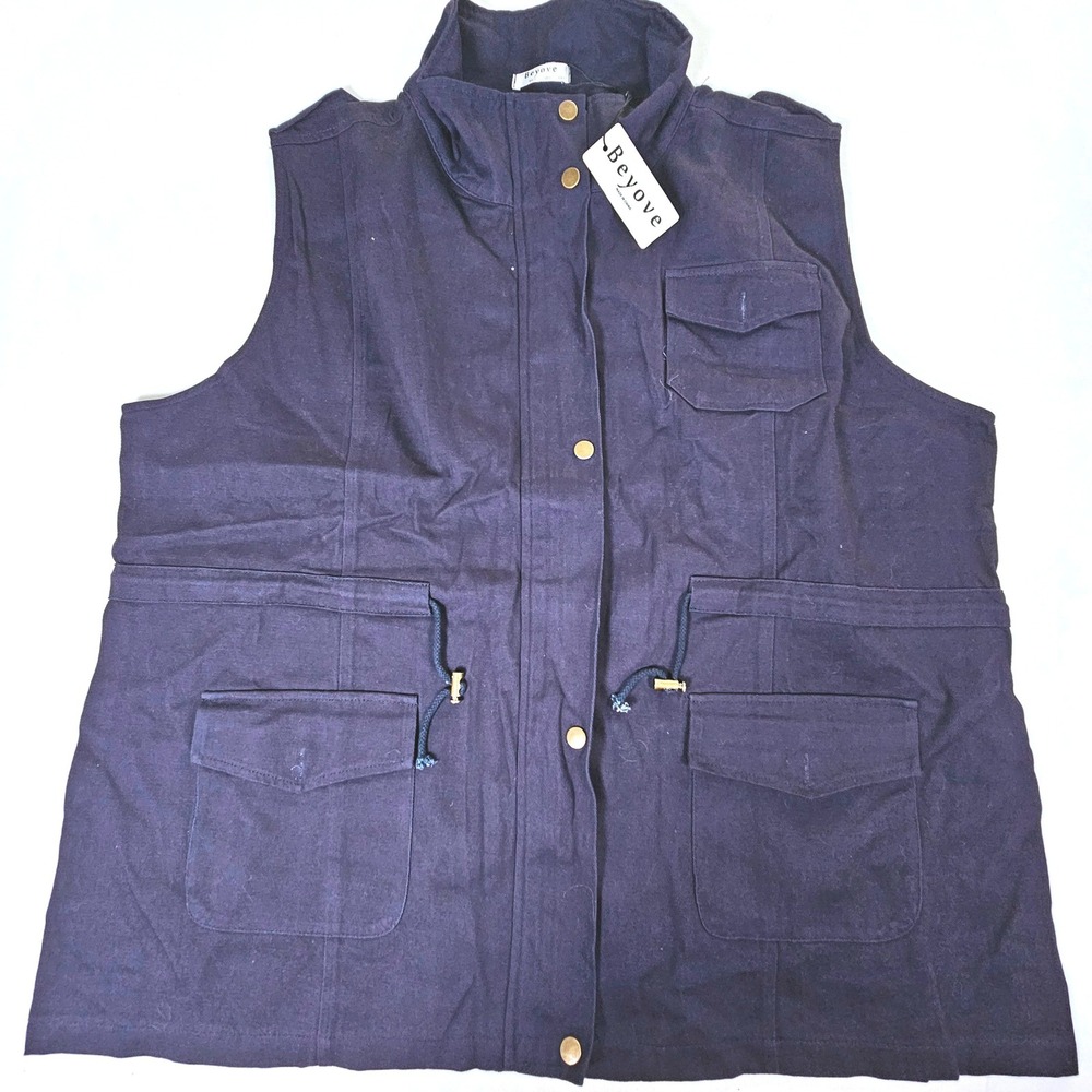 Beyove Navy Blue Utility Cargo Vest Military Style Drawstring Waist XXL NEW